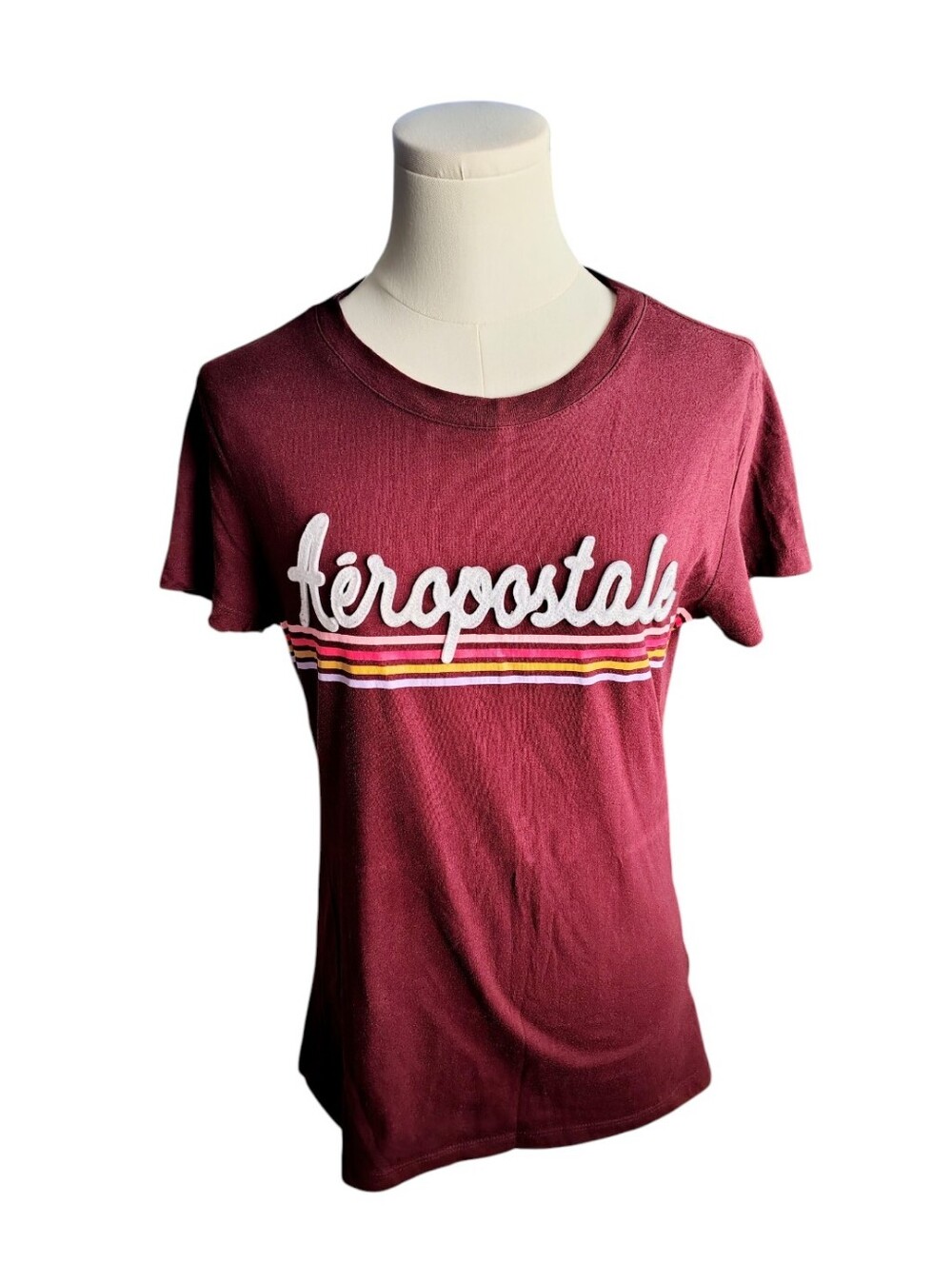 Aeropostale Deep Maroon Fabric Brand Logo Vintage Casual Striped Tee Size Large